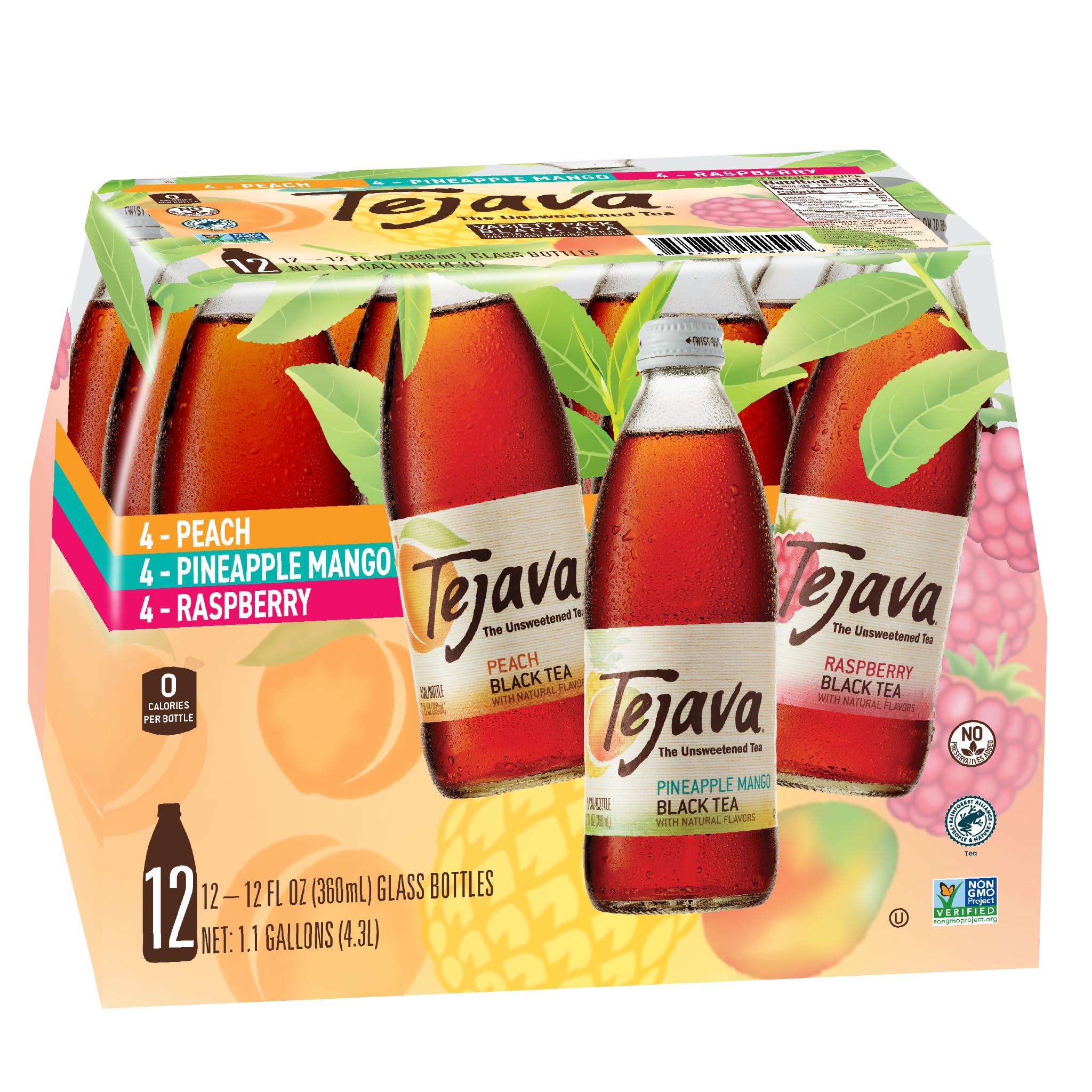 Tejava 12-pack front packaging showing variety and premium glass benefit