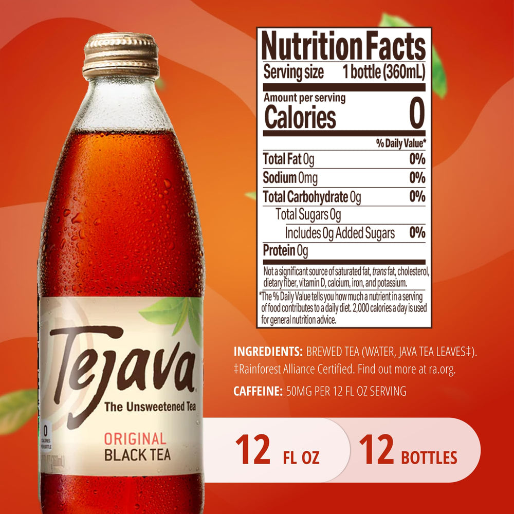 Tejava close-up of bottle label highlighting small-batch brewed benefit