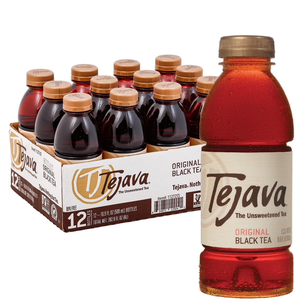 Tejava front packaging 16.9 fl oz bottle shows clear unsweetened branding and convenience