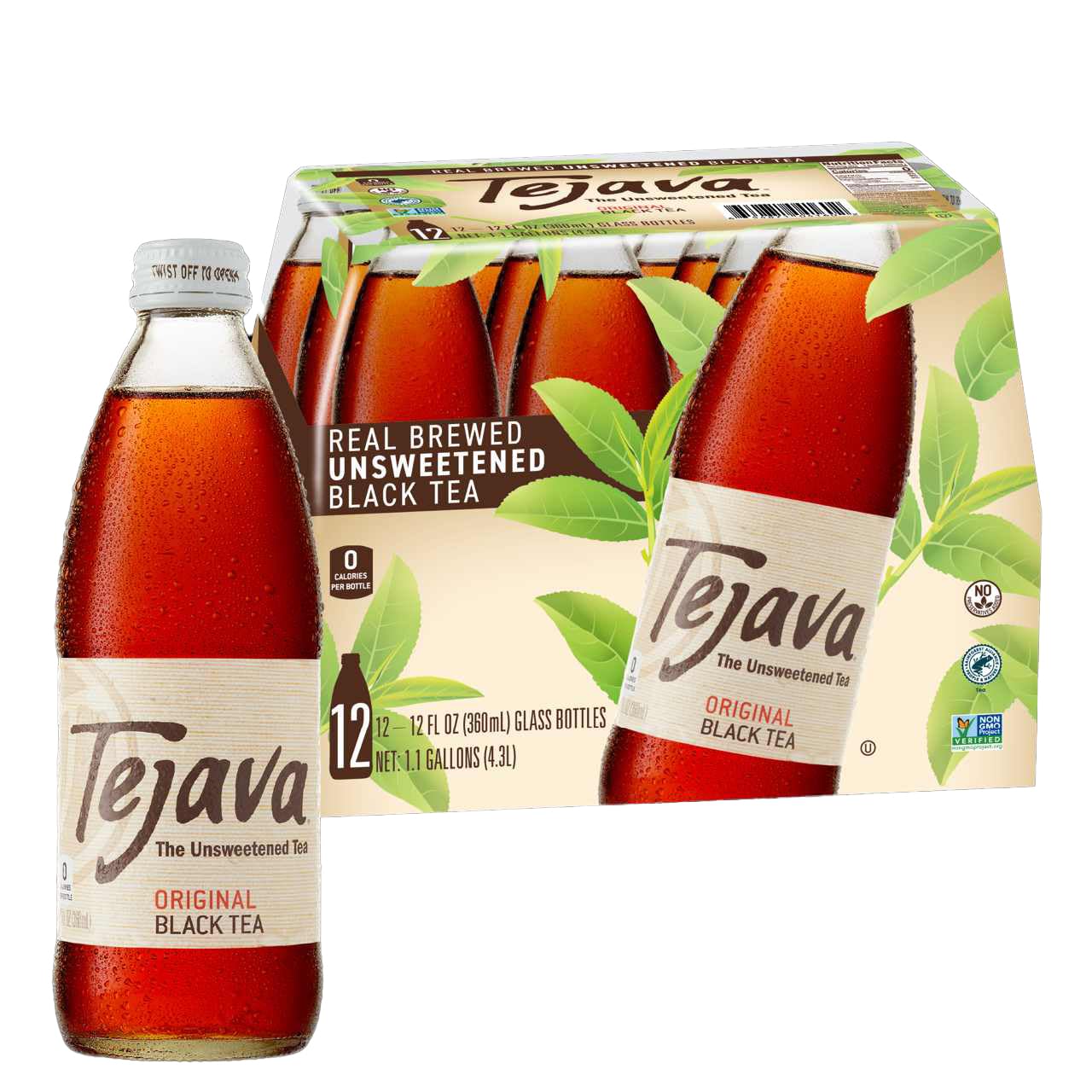 Tejava front view of 12-pack glass bottles showing premium unsweetened tea