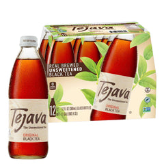 Tejava front view of 12-pack glass bottles showing premium unsweetened tea