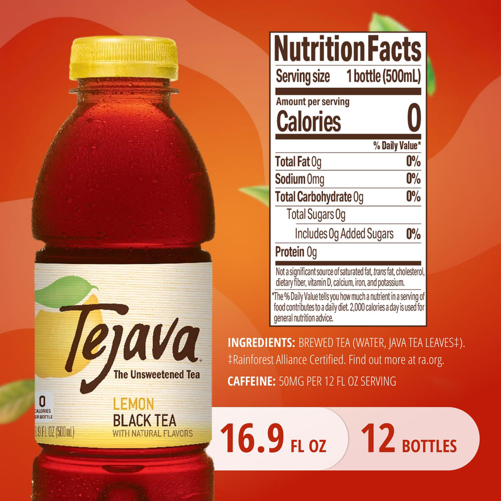 Tejava lemon label closeup highlighting ingredients and unsweetened benefit