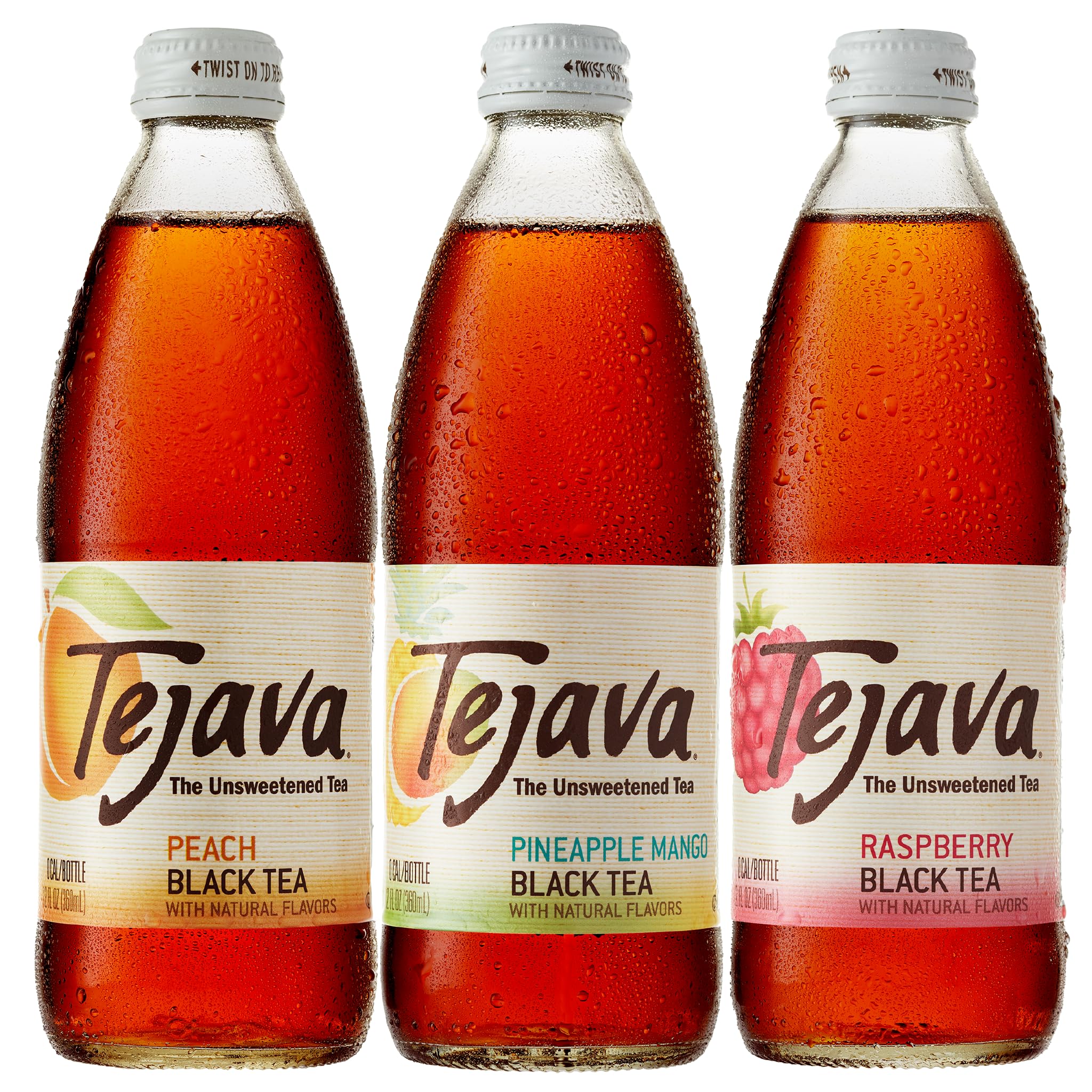 Tejava Peach bottle close-up highlighting label and refreshing clarity benefit