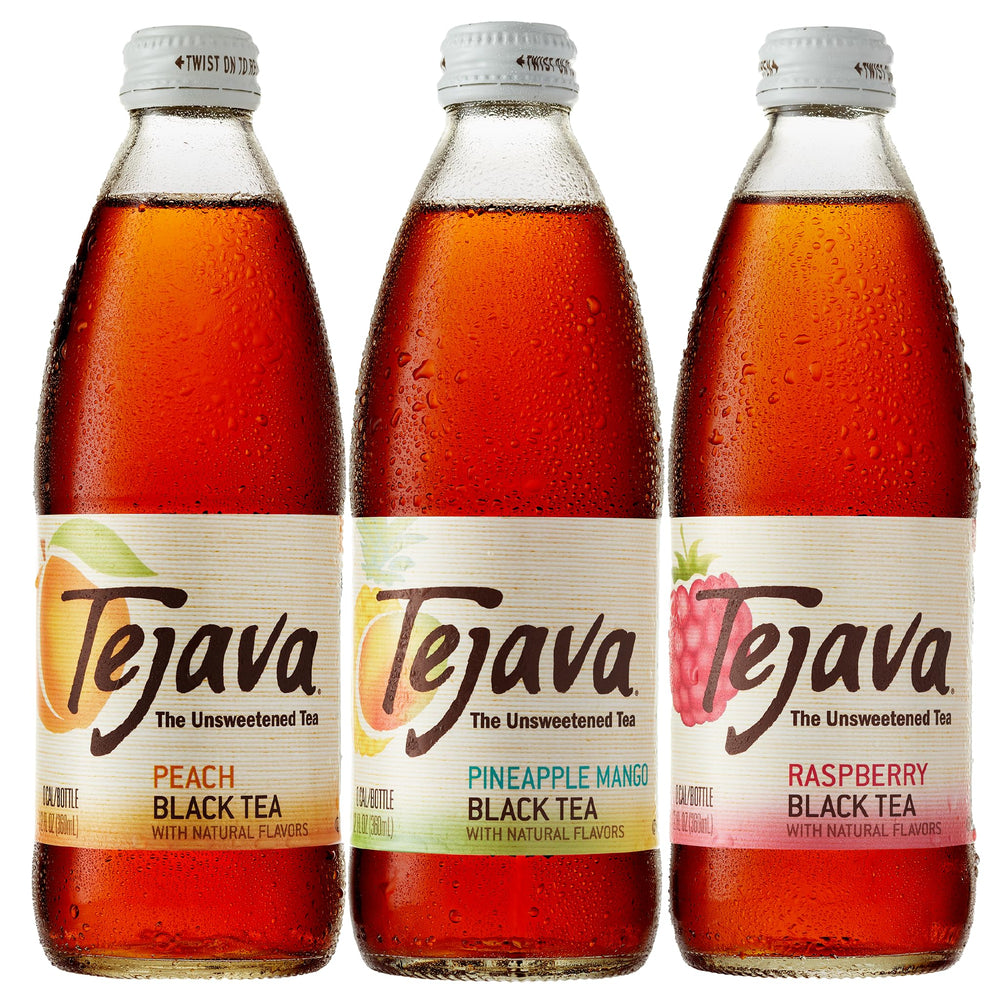 Tejava Peach bottle close-up highlighting label and refreshing clarity benefit