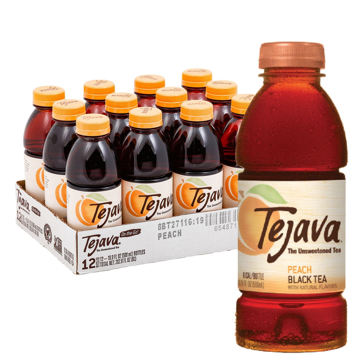 Tejava peach bottle front view showing label and natural tea benefit