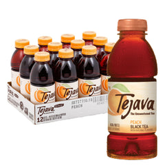 Tejava peach bottle front view showing label and natural tea benefit