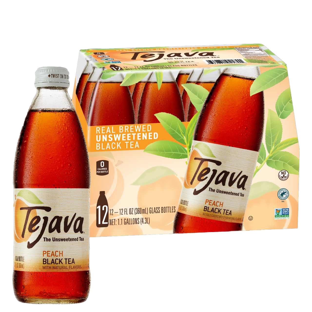 Tejava front packaging glass bottle showing peach flavor and premium feel