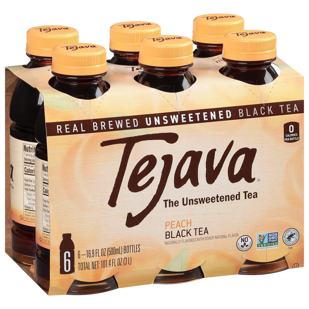 Tejava bottle front packaging showing peach iced tea and unsweetened benefit