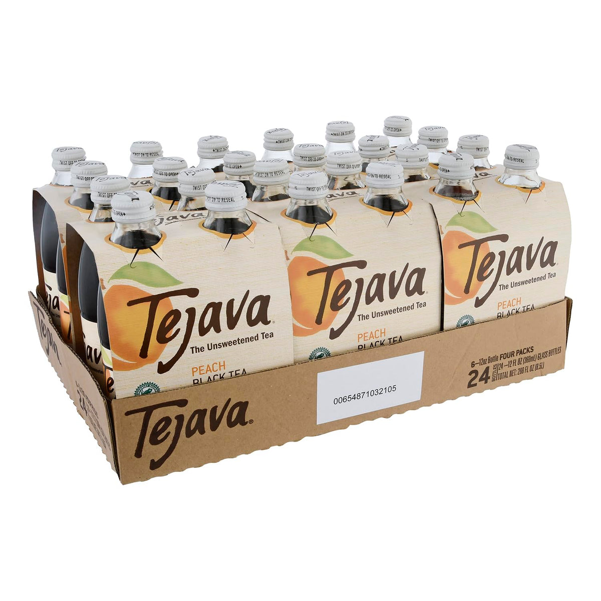 Tejava front packaging showing 24-pack and peach flavor, convenient supply