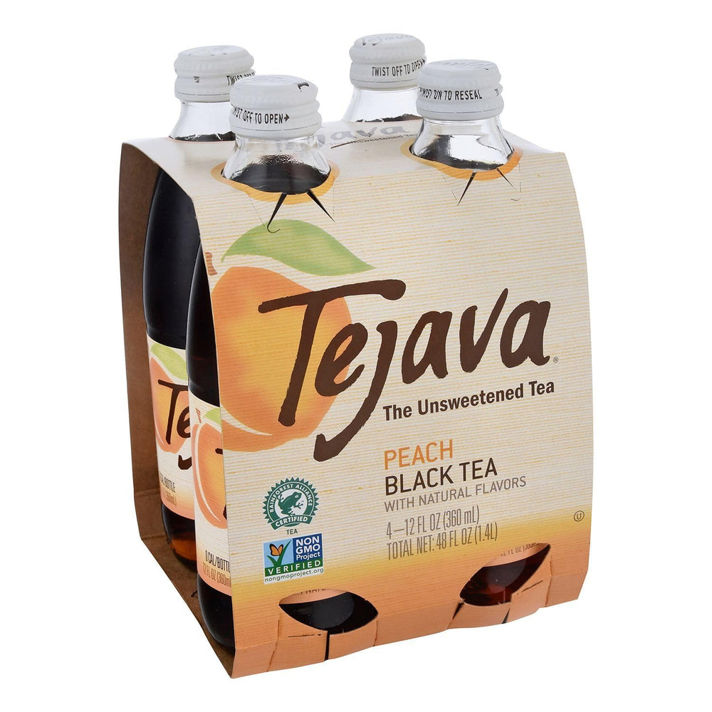 Tejava peach front packaging showing four 12 fl oz glass bottles and clean design