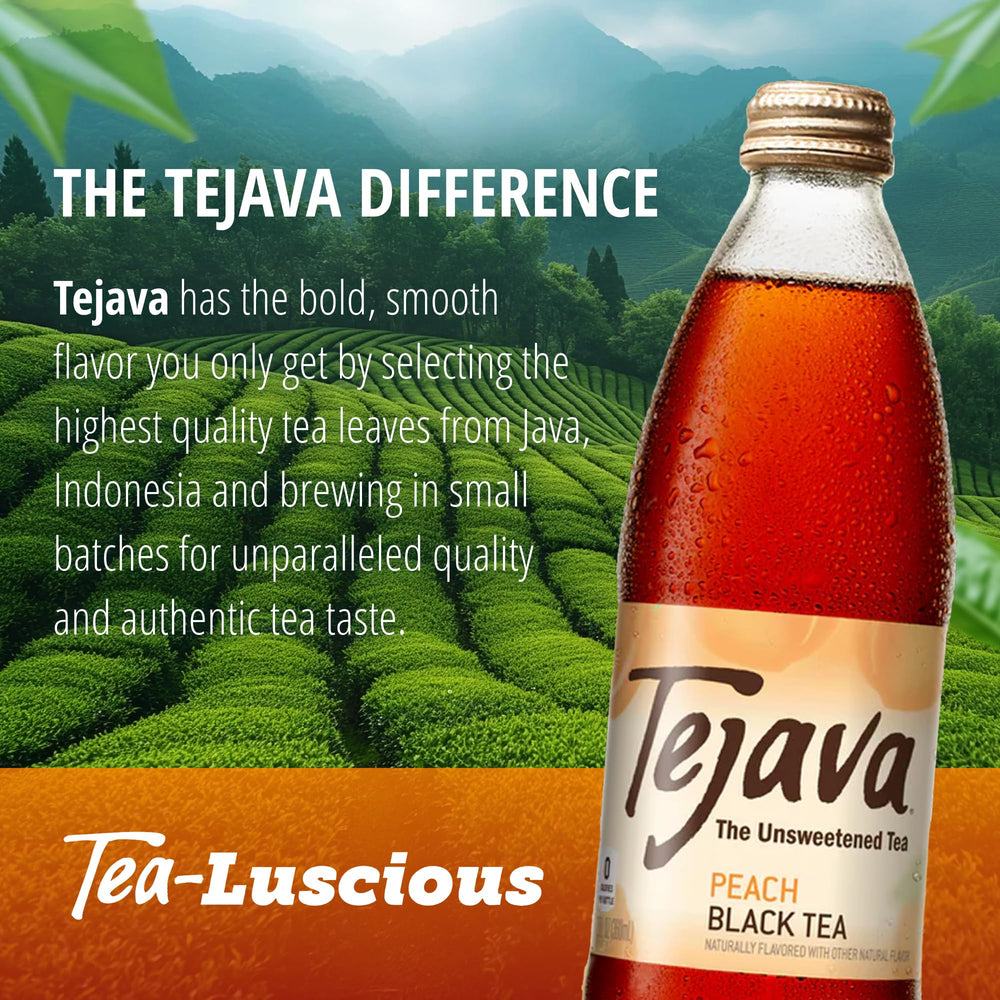 Tejava peach bottle held in hand to show 12 fl oz size and portable serving benefit