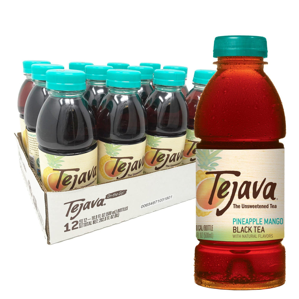 Tejava front packaging showing pineapple mango flavor and unsweetened benefit