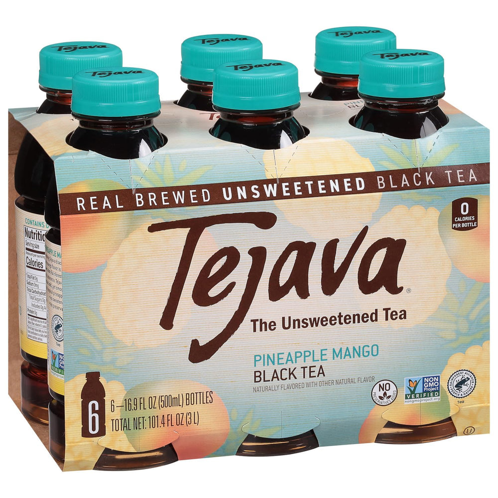 Tejava bottle front packaging showing pineapple mango label and ready-to-drink benefit