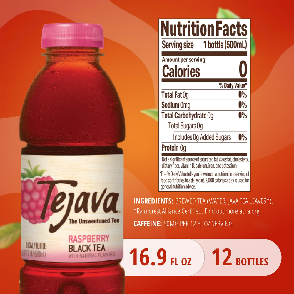 Tejava raspberry close-up label highlighting unsweetened, Rainforest Alliance