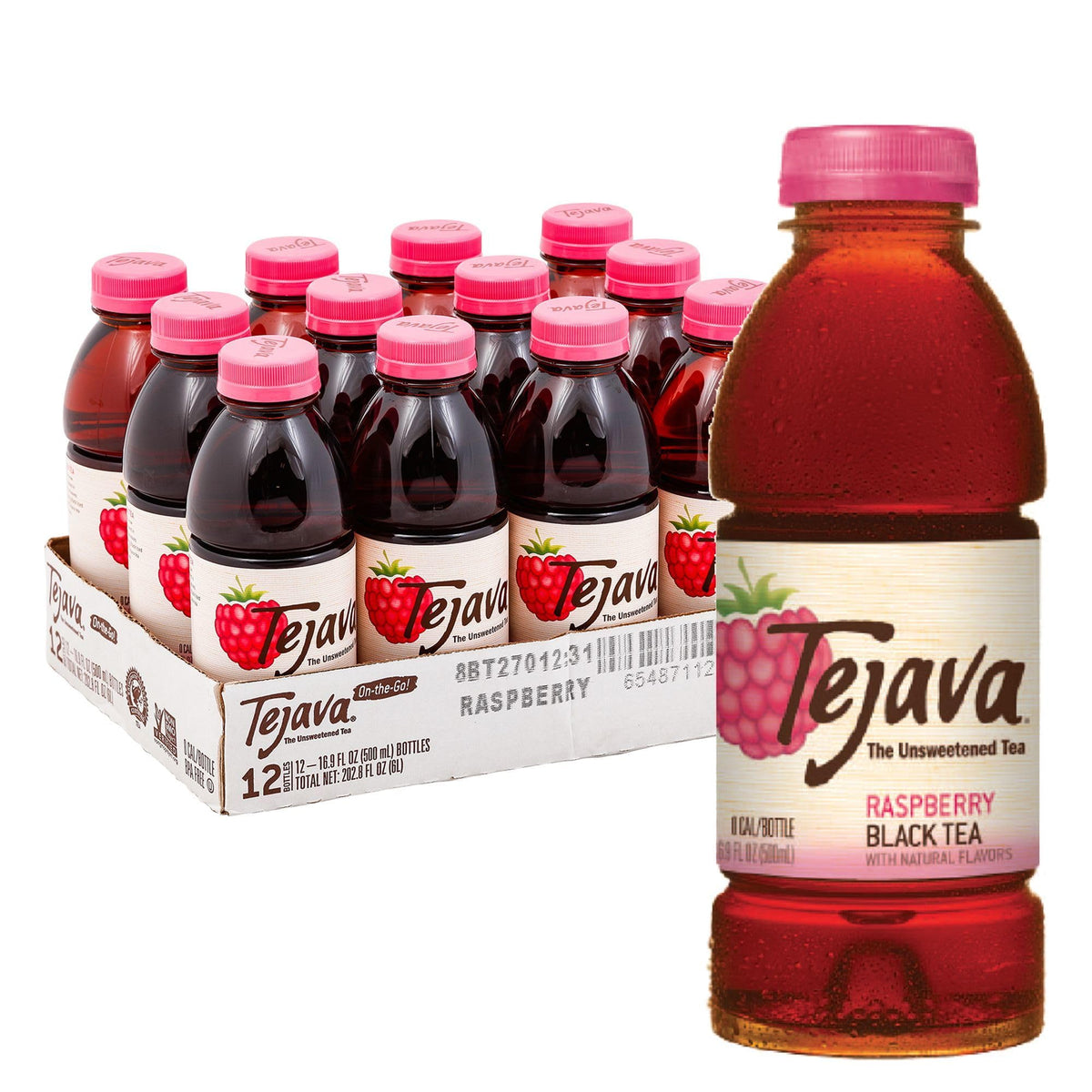 Tejava raspberry front packaging showing bottle and brand benefits