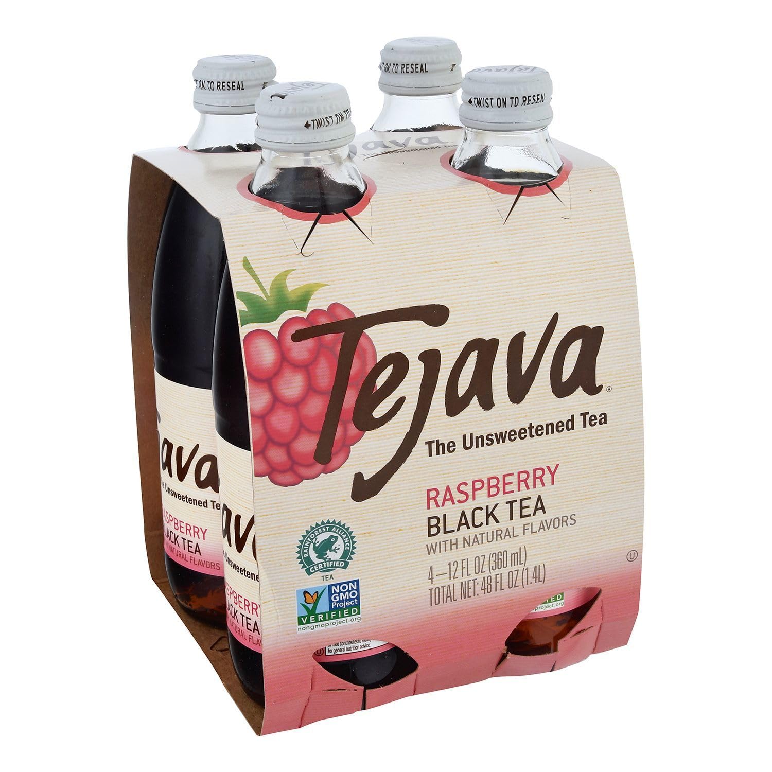 Tejava front packaging showing full 12 fl oz glass bottle and label clarity