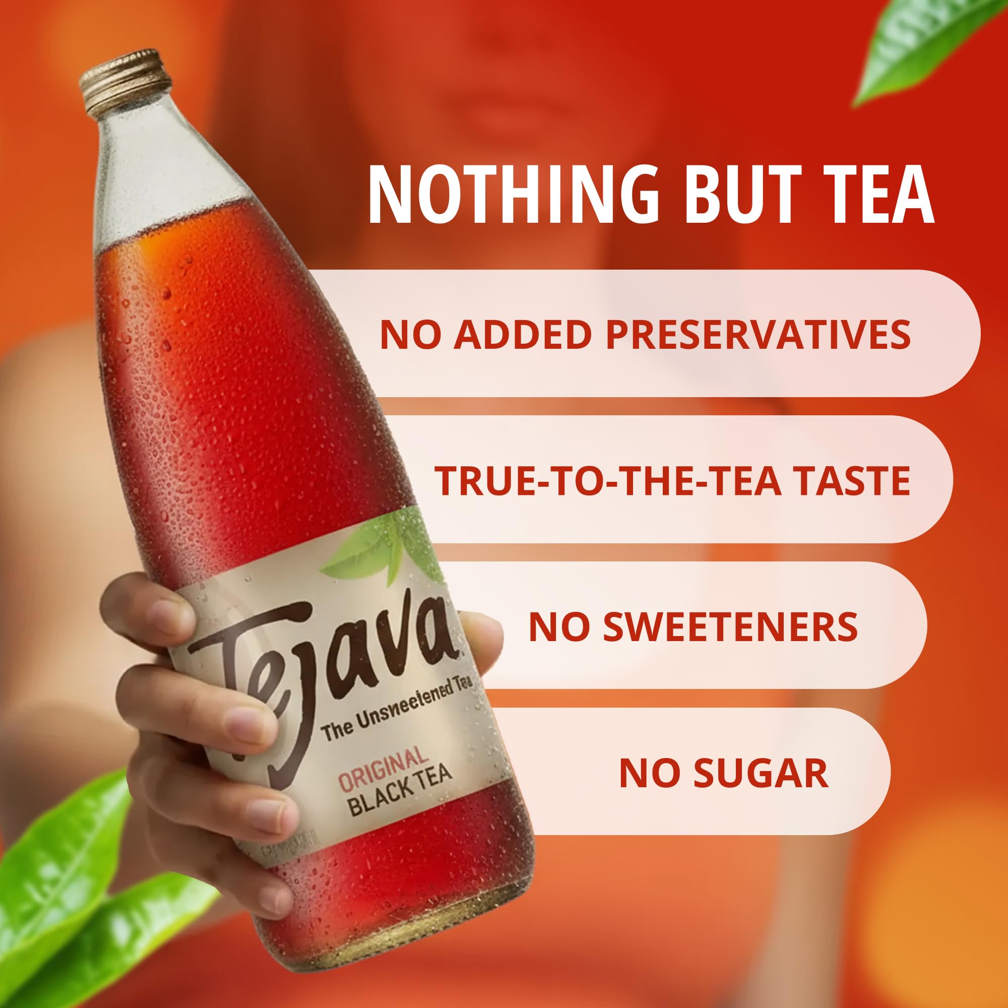 Hand holding Tejava 1L bottle showing size and sharing benefit