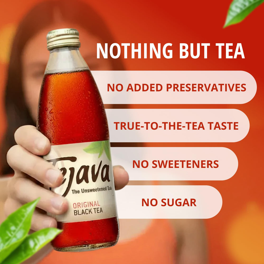 Tejava 12 fl oz bottle held in hand showing portable single-serve size