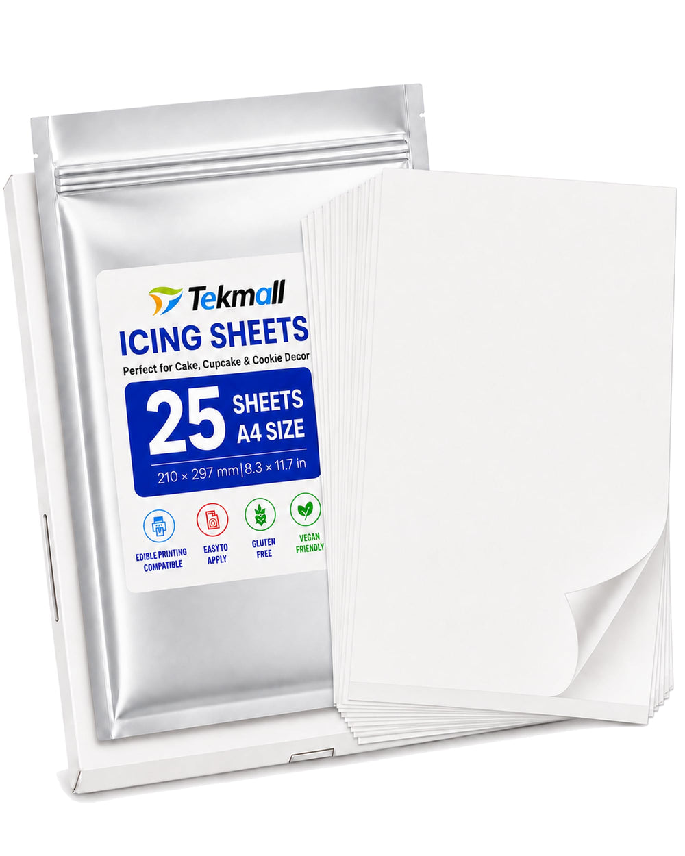 Tekmall front packaging showing 25 A4 edible icing sheets and protection
