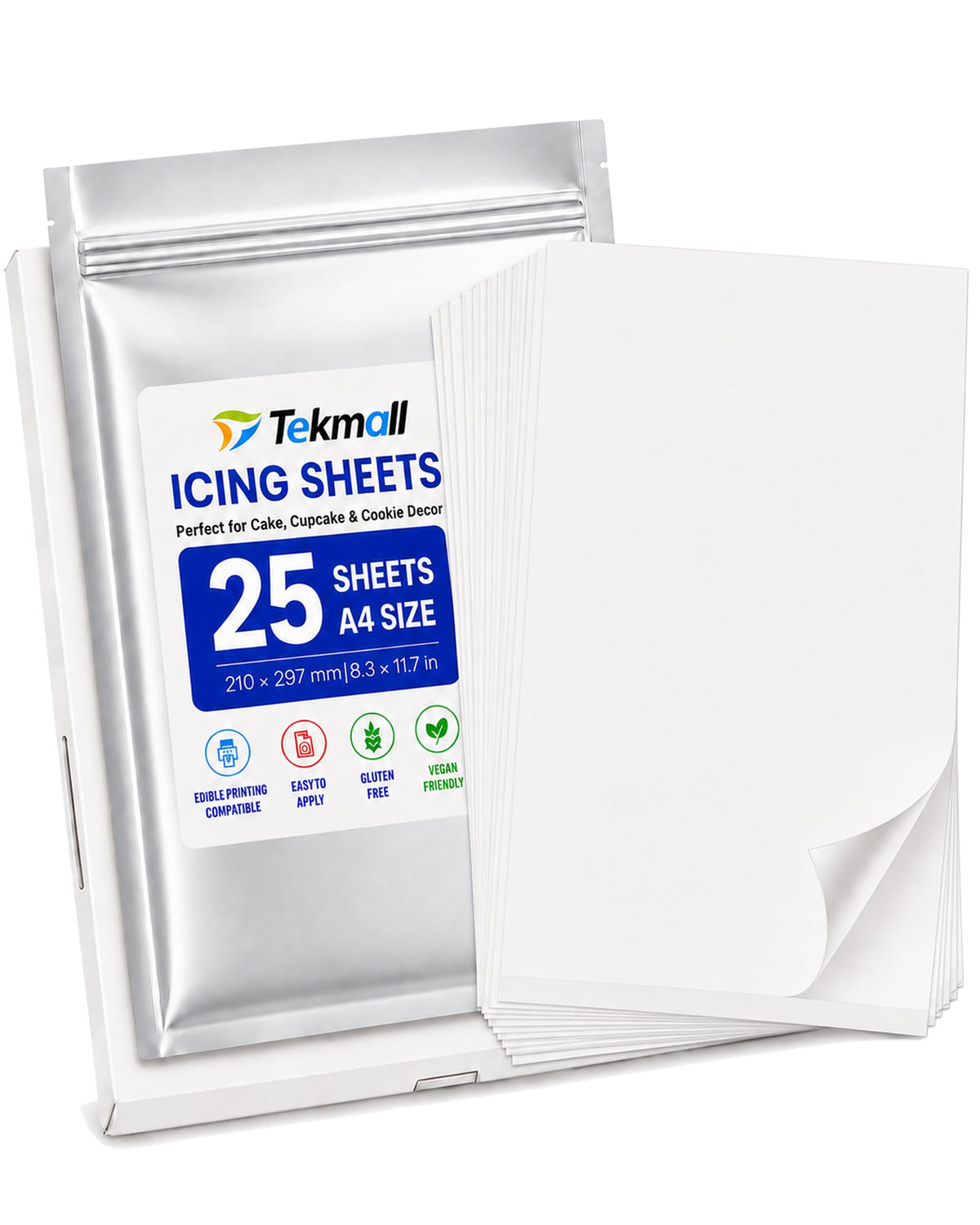 Tekmall front packaging showing 25 A4 edible icing sheets and protection