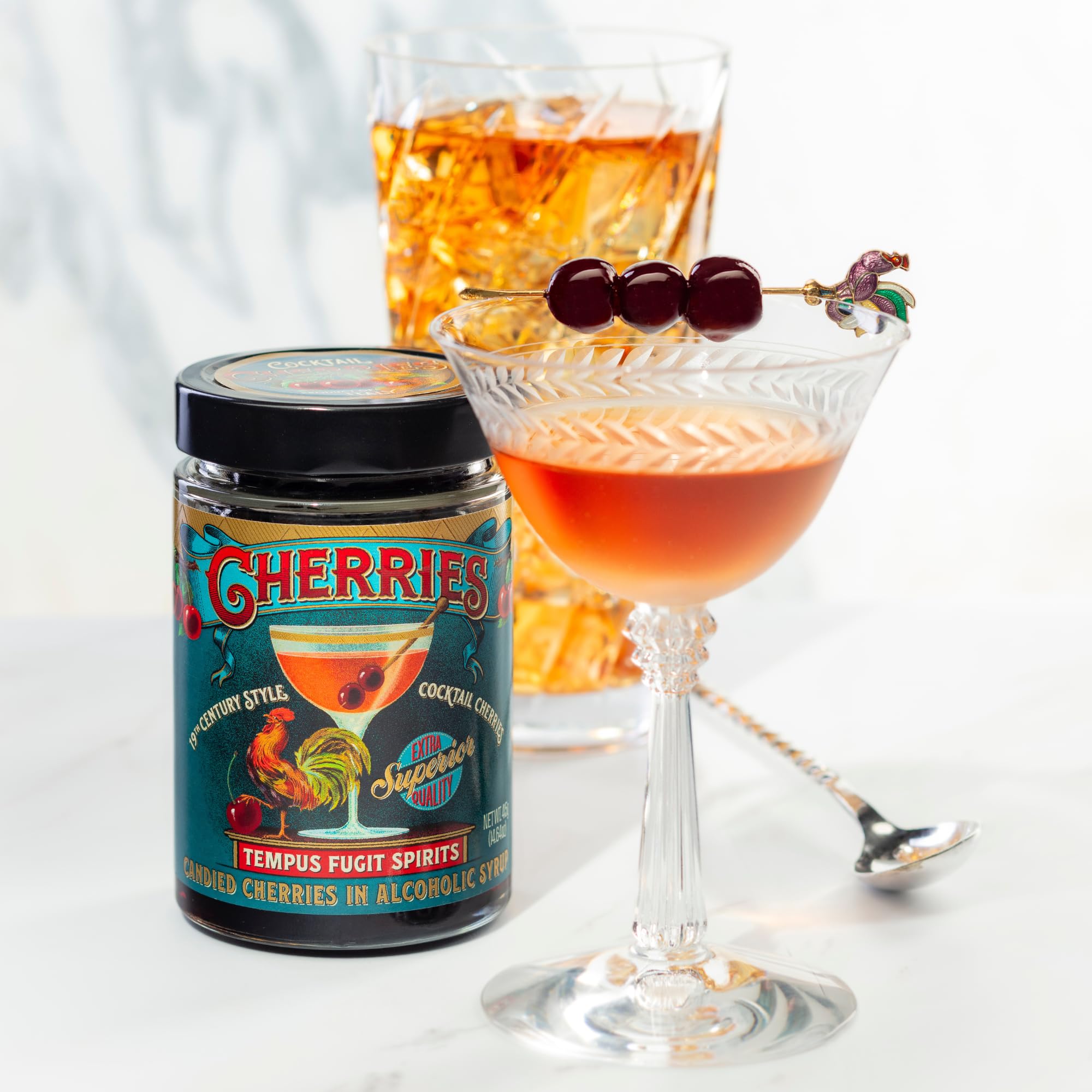 Tempus Fugit Spirits Amarena cherries plated on dessert showcasing pairing and visual appeal