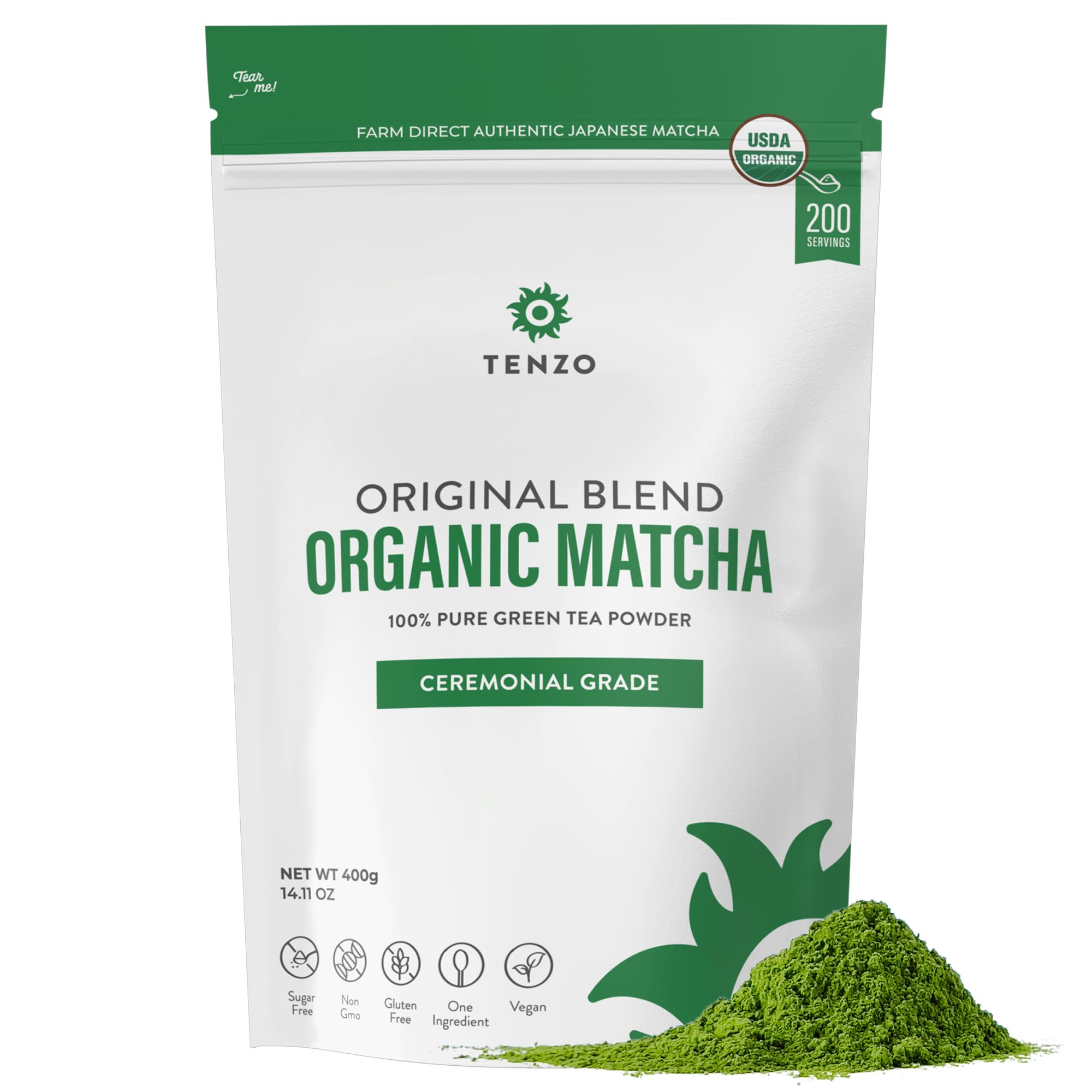 Tenzo matcha front packaging showing jar and product branding for freshness