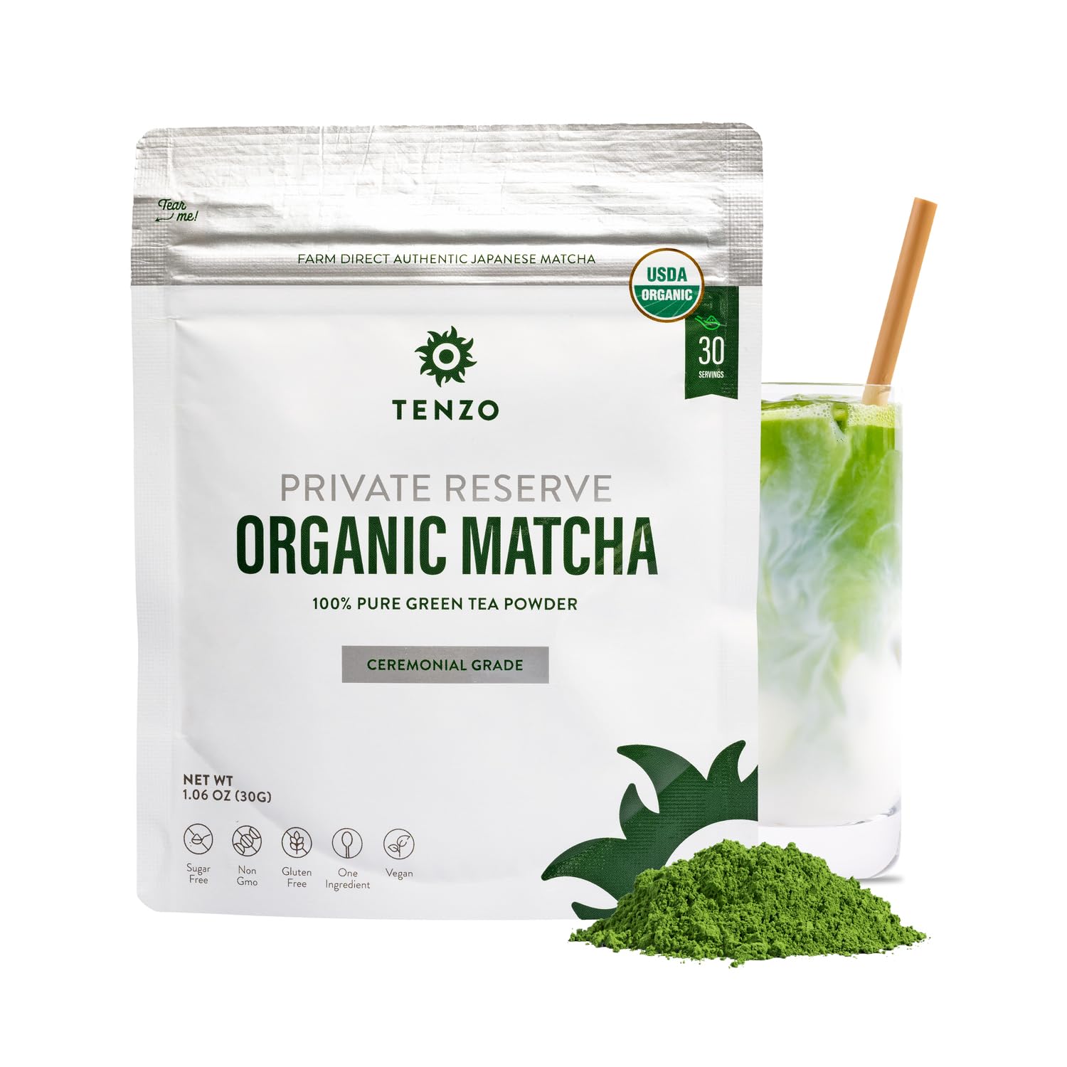 Tenzo matcha front packaging showing vibrant green powder and resealable pouch benefit freshness