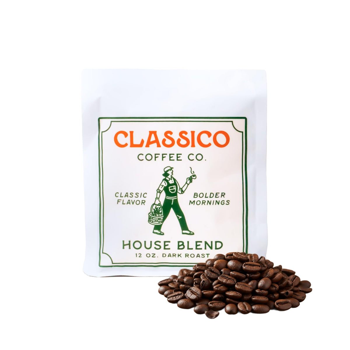 Terra Kaffe Classico front packaging showing 12 oz bag and clear labeling, highlights freshness