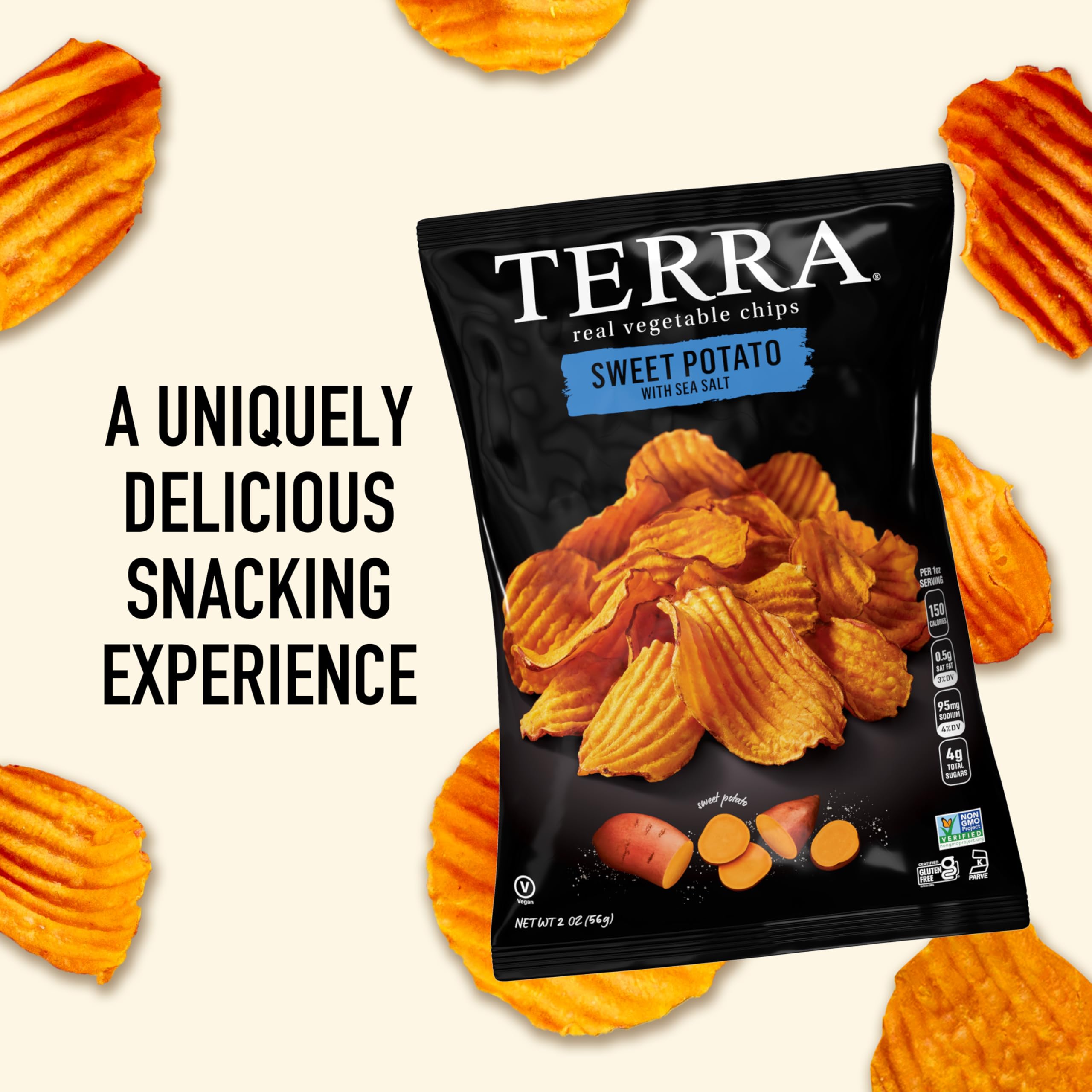 Terra bag open with chips pouring, showing grab-and-go convenience