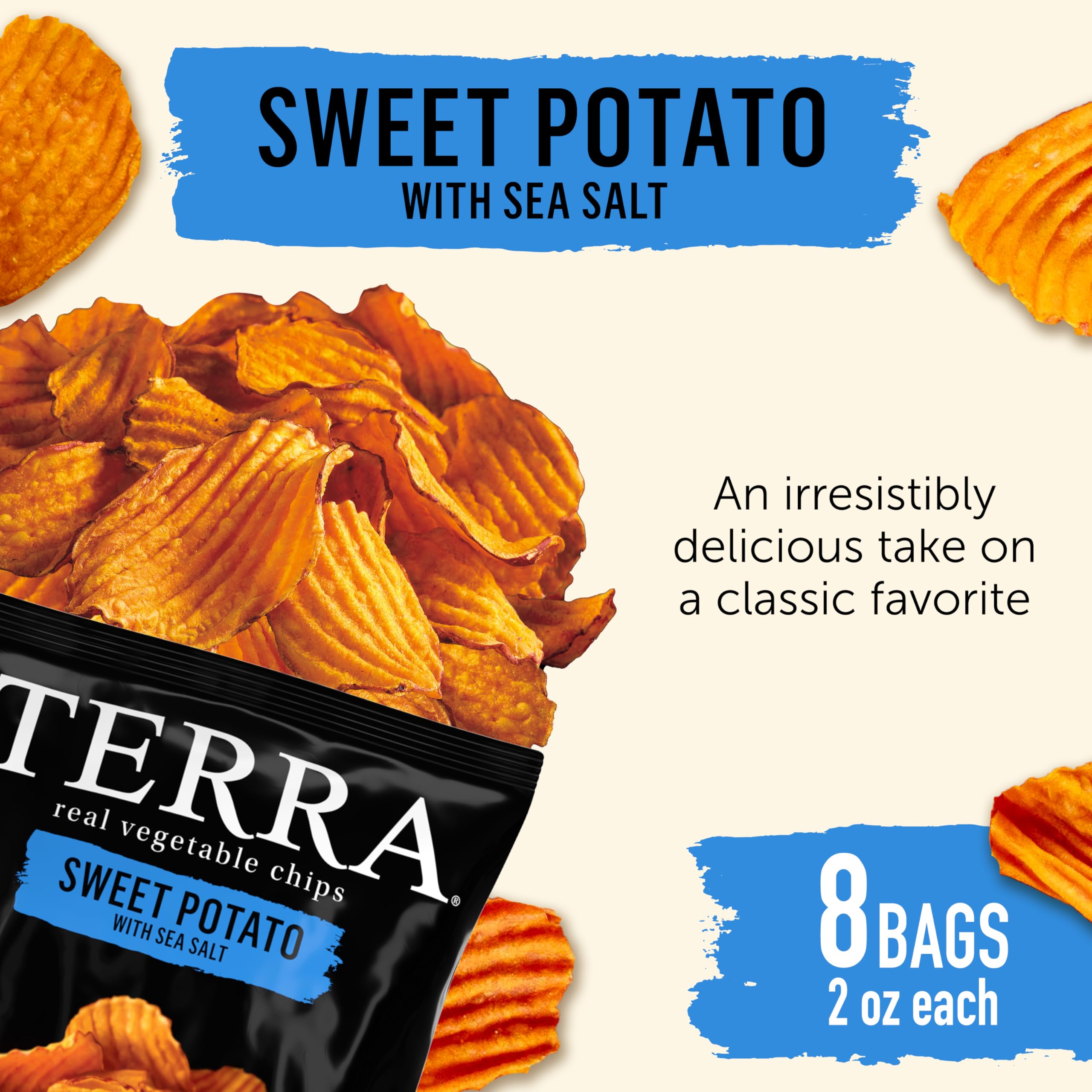 Terra close-up of chip texture highlighting crispy sweet potato bite