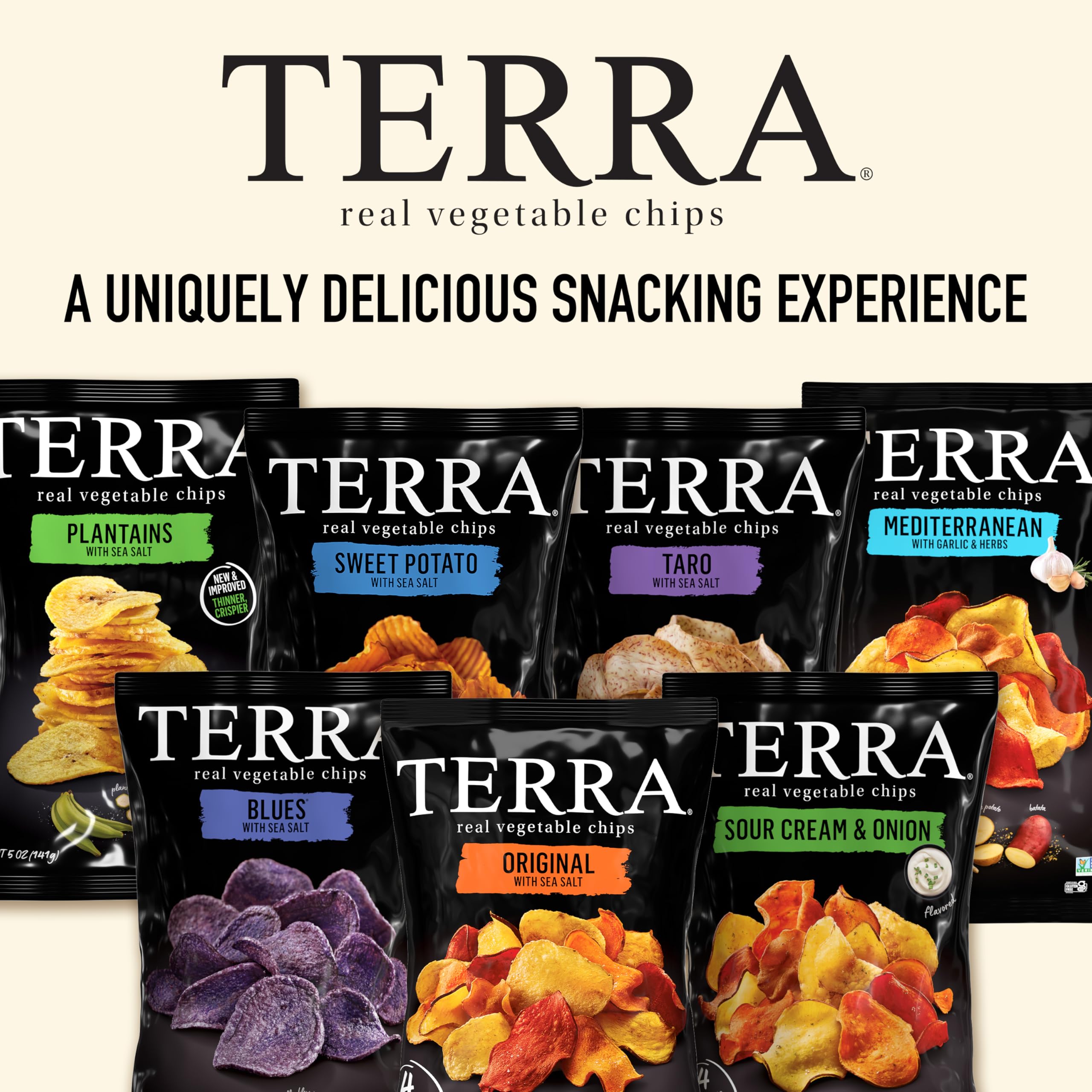 Terra sweet potato chips on plate showing vibrant color and tasty appeal