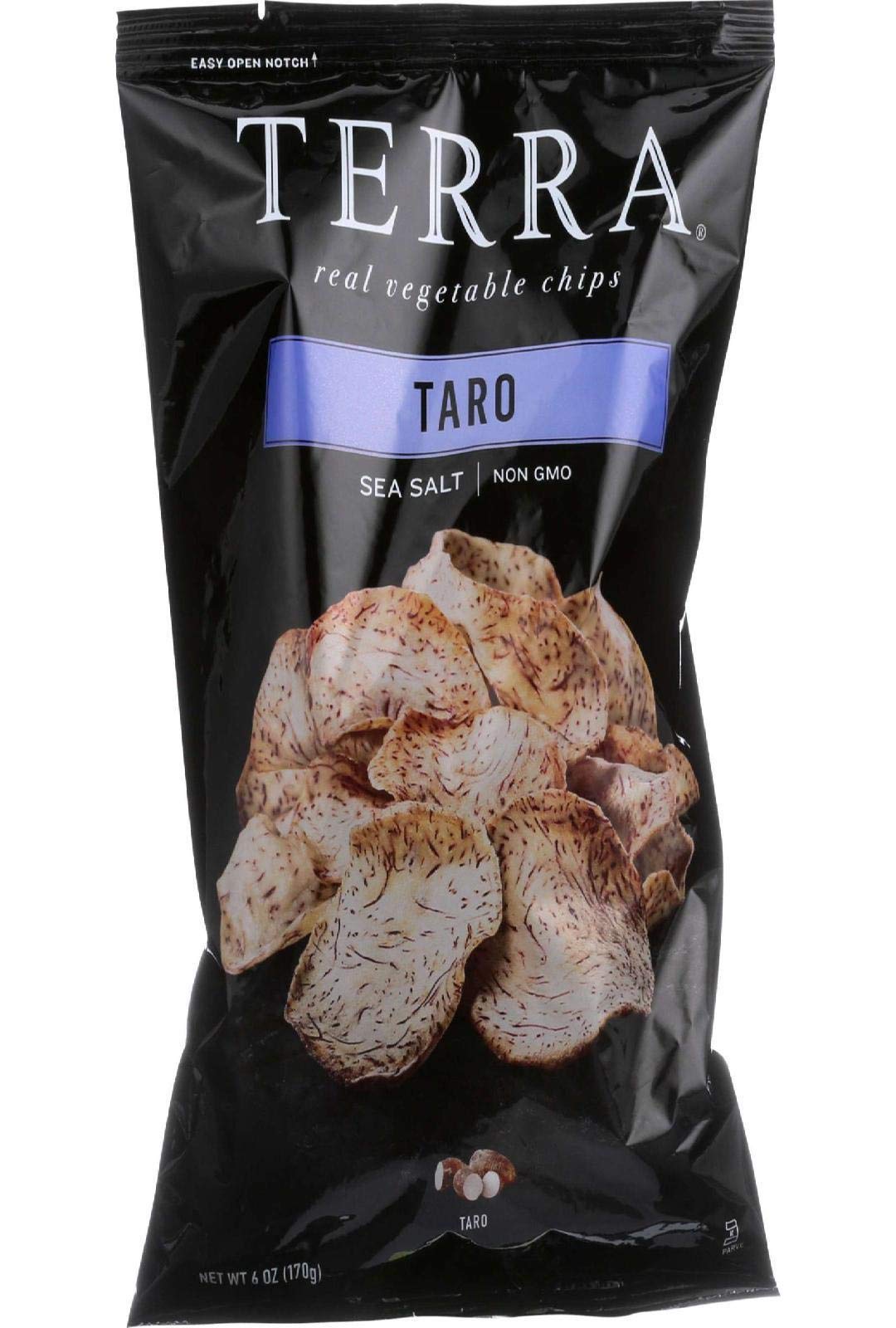 Terra taro chips front packaging showing 5 ounce bag and sea salt flavor benefit