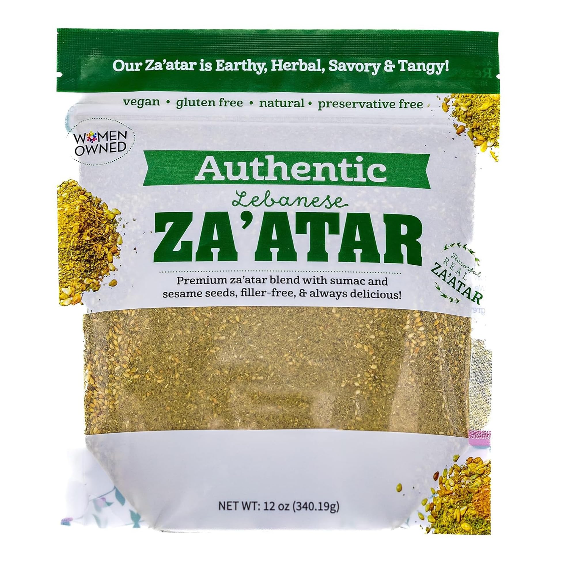 Terranean Herbs front packaging showing 12 oz za’atar bulk bag and clear branding benefit: pantry-ready flavor