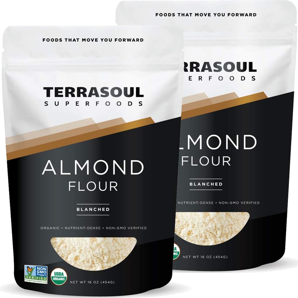 Terrasoul Superfoods almond flour front packaging shows organic two-pack and benefits