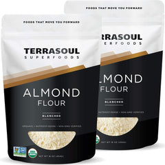 Terrasoul Superfoods almond flour front packaging shows organic two-pack and benefits