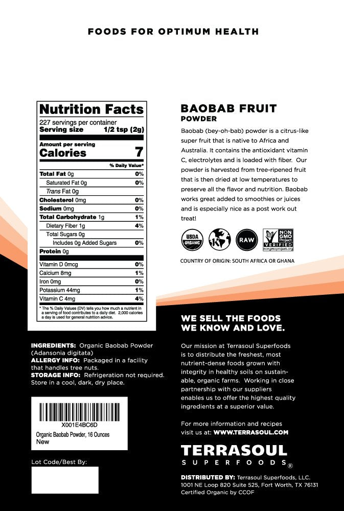 Terrasoul Superfoods baobab powder close-up texture highlighting fine citrusy fruit pulp