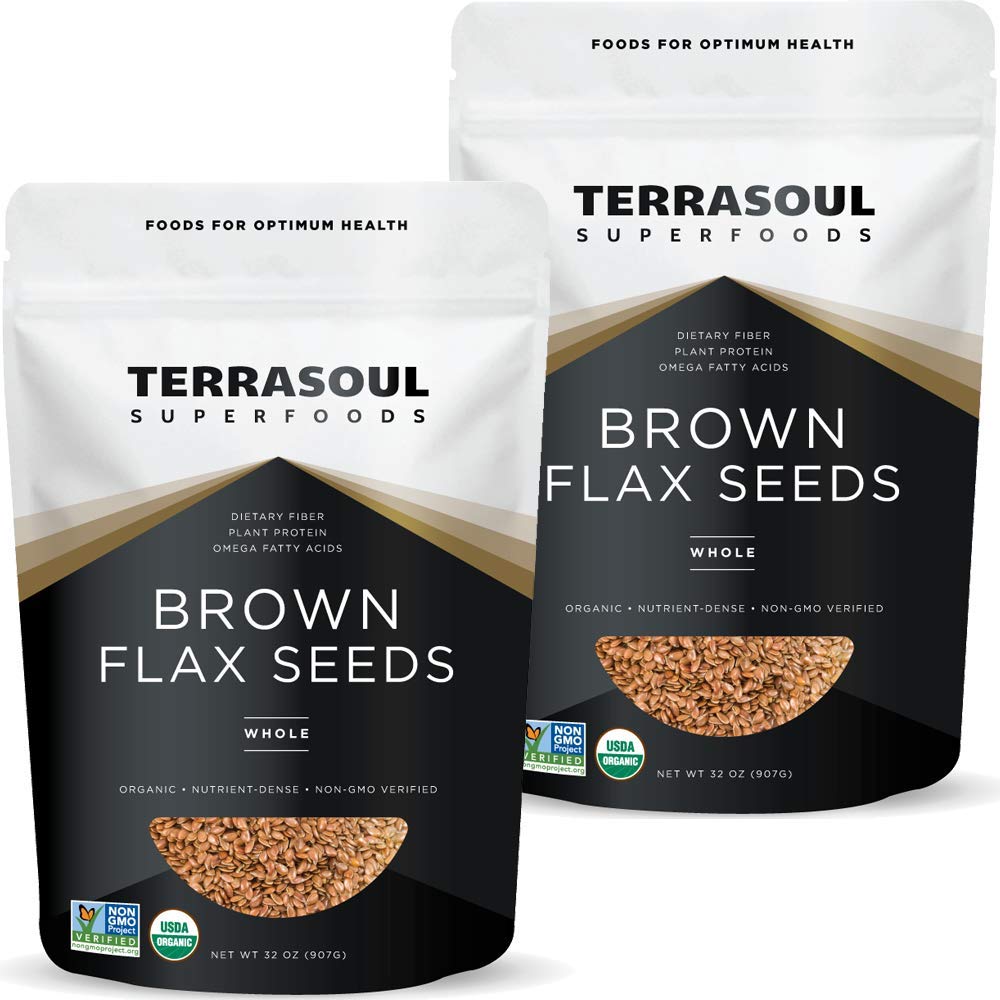 Terrasoul Superfoods front pack showing organic brown flax seeds and label benefits