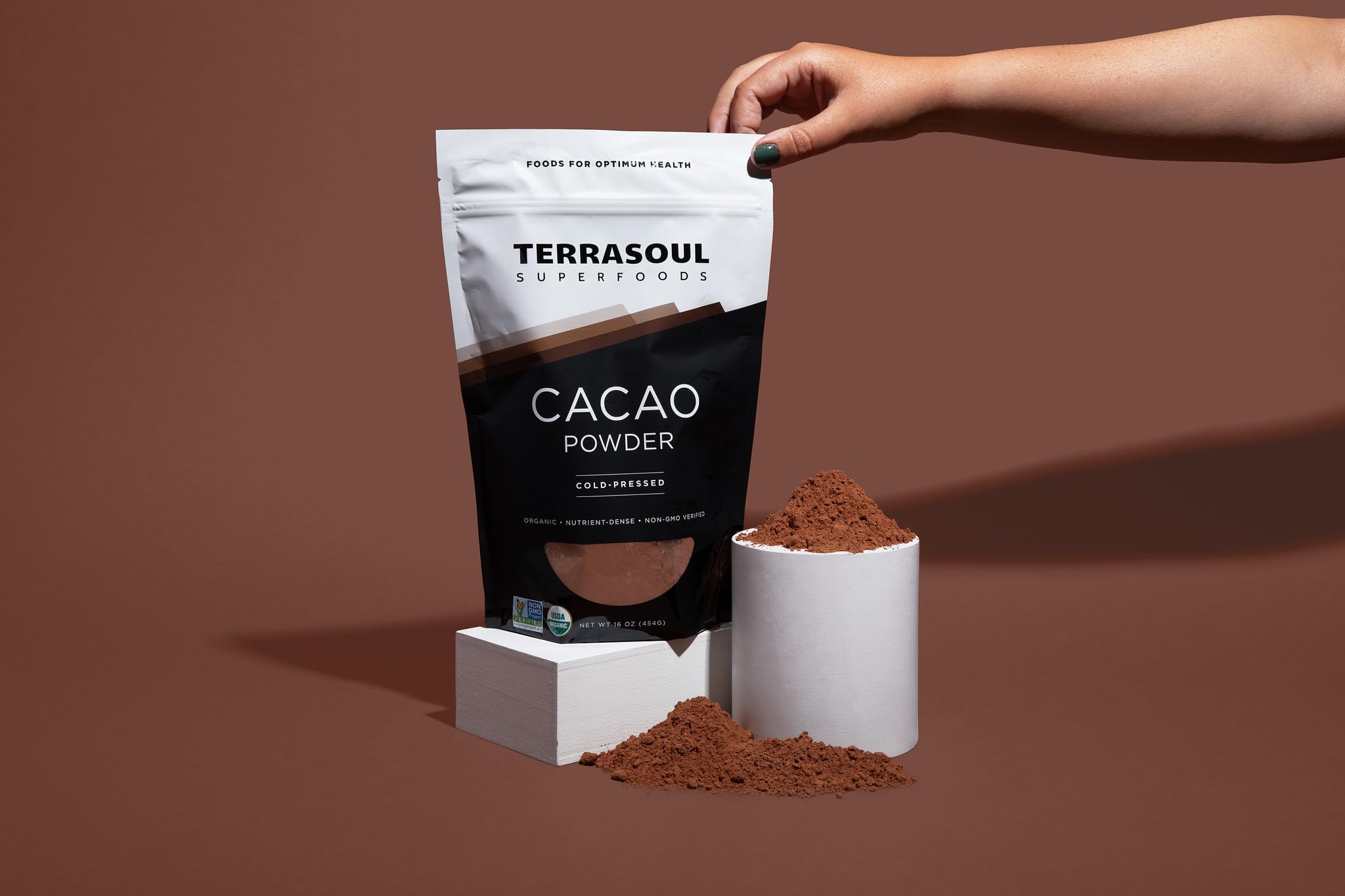 Terrasoul Superfoods pouch label detail emphasizing organic and non-GMO certifications