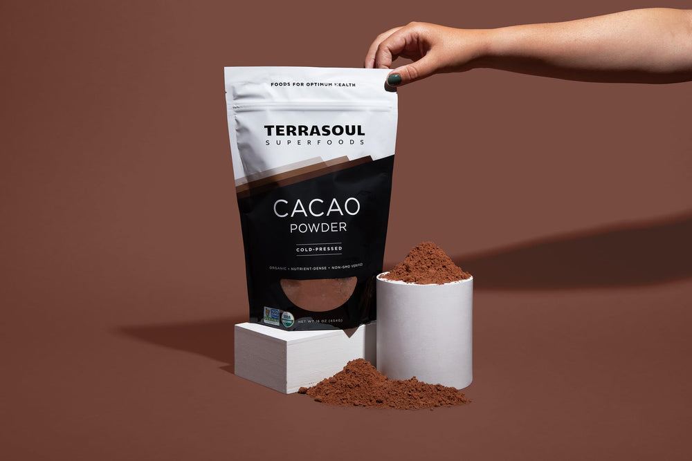 Terrasoul Superfoods pouch label detail emphasizing organic and non-GMO certifications