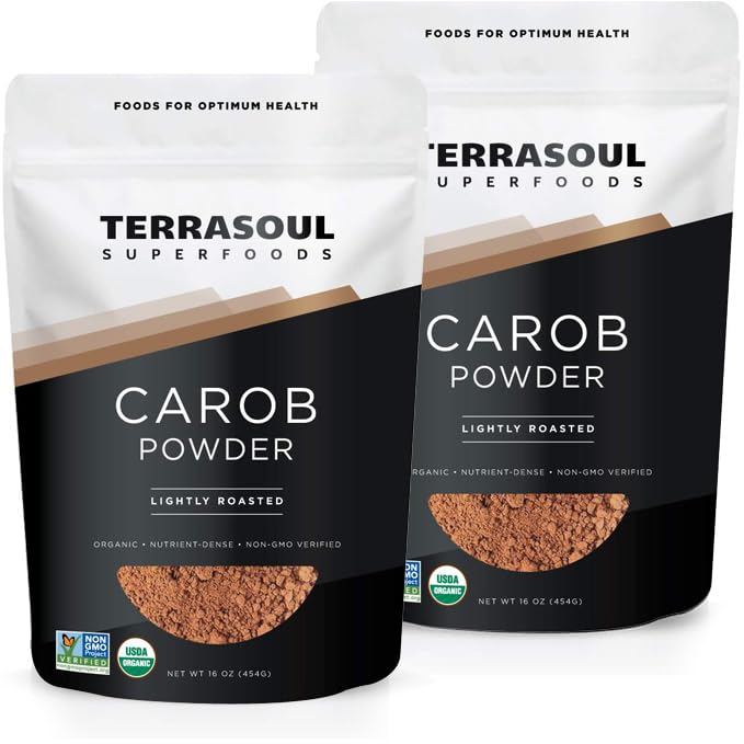 Terrasoul Superfoods carob powder front packaging showing product size benefit