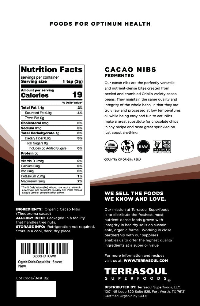 Terrasoul Superfoods close-up cacao nibs texture highlighting crunchy flavor benefit