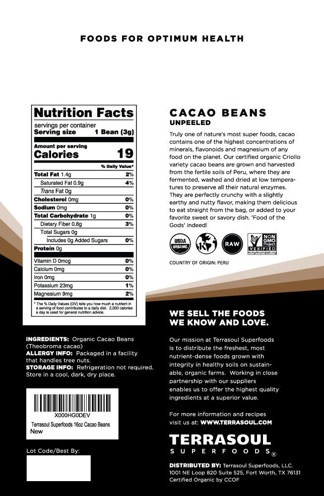 Terrasoul Superfoods close-up of raw Criollo cacao beans highlighting rich texture and flavor