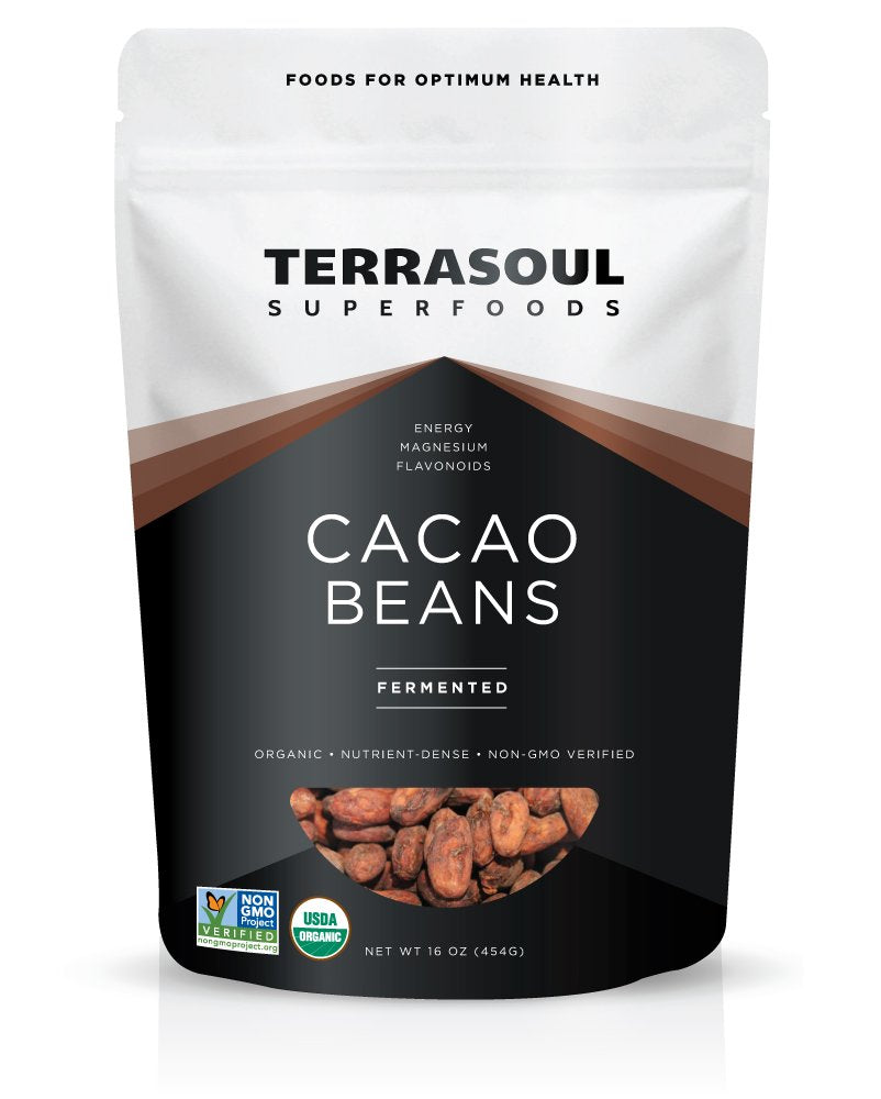 Terrasoul Superfoods front packaging showing organic Criollo cacao beans and product benefit