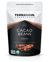 Terrasoul Superfoods front packaging showing organic Criollo cacao beans and product benefit