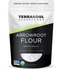 Terrasoul Superfoods front package showing organic arrowroot, clear labeling and resealable bag benefit