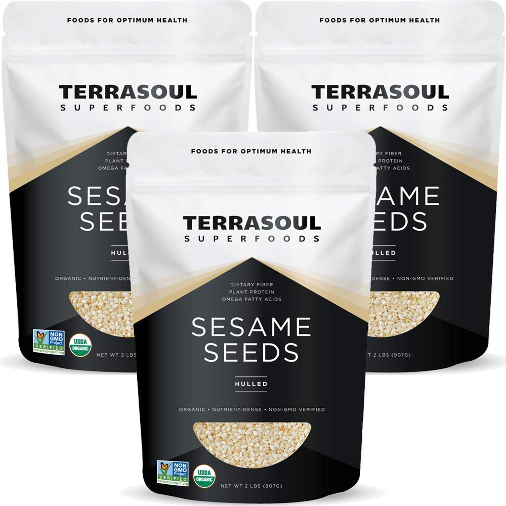 Terrasoul Superfoods front pack showing organic hulled sesame seeds and label benefits
