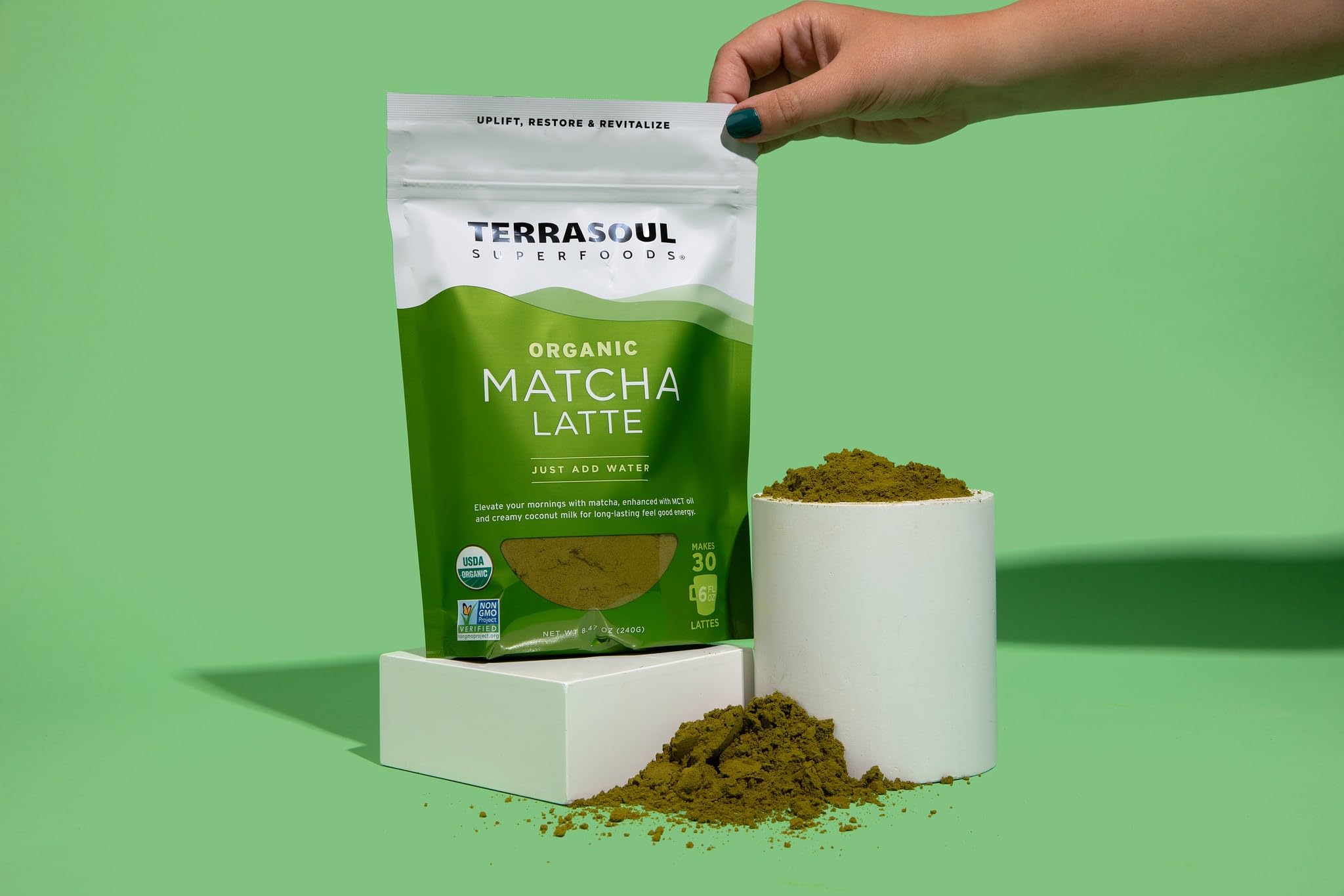 Terrasoul lifestyle breakfast scene showing matcha latte enjoyment