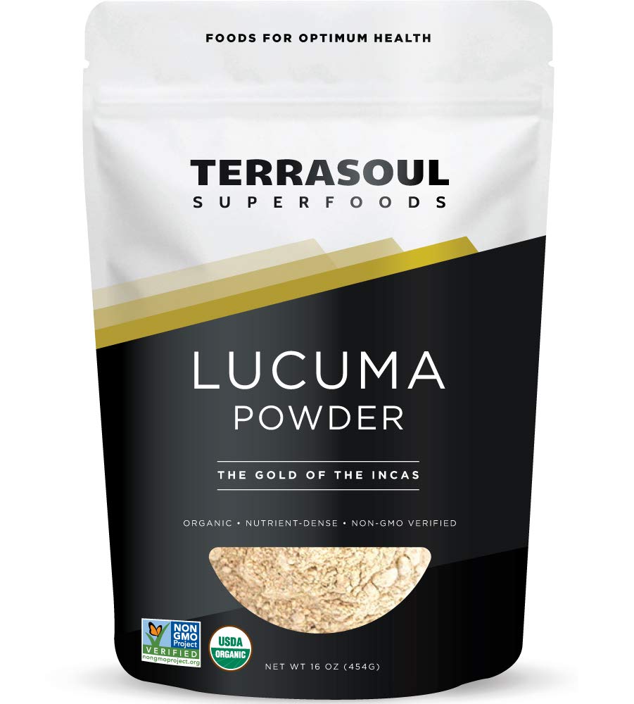 Terrasoul lucuma powder front pouch showing brand and size for easy selection