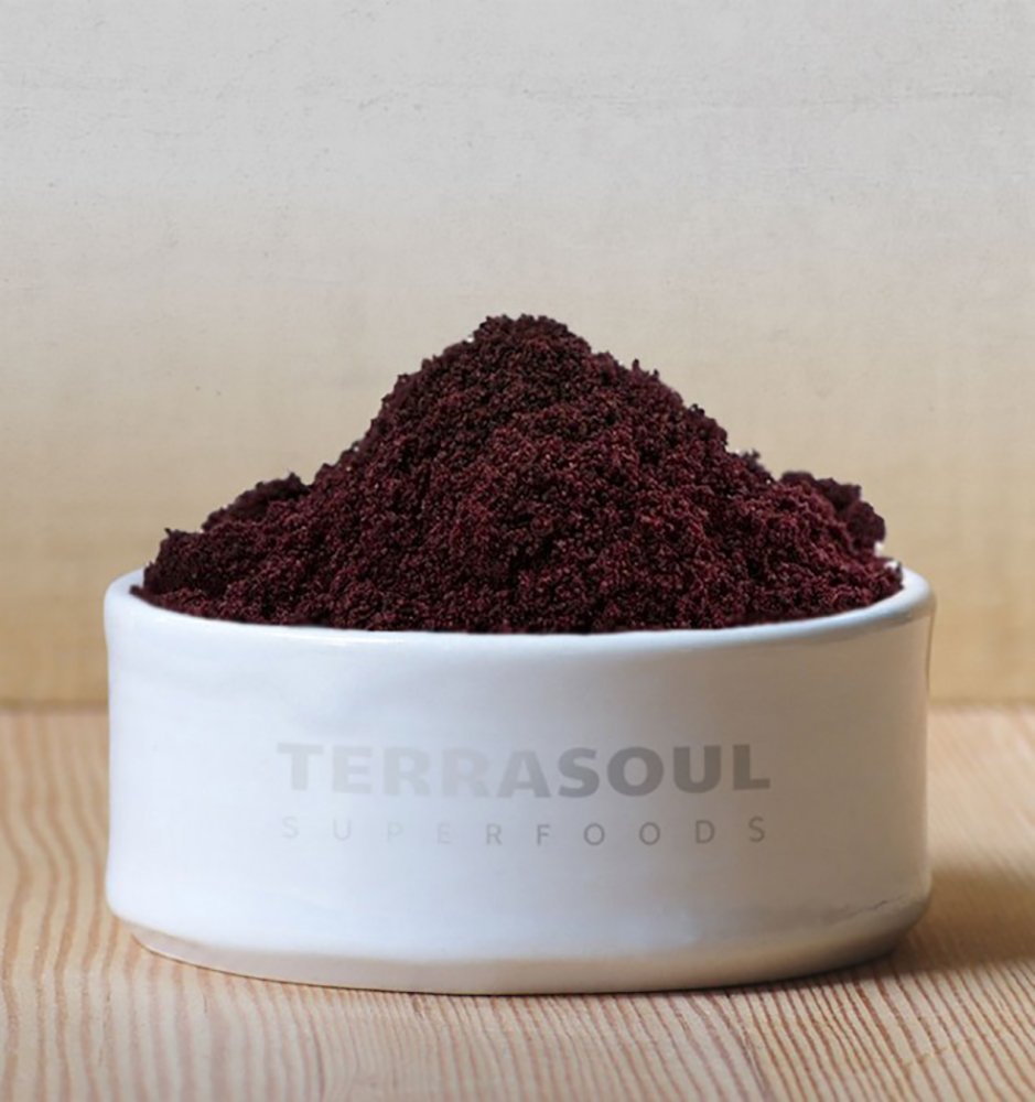 Terrasoul Superfoods maqui powder blended into a smoothie bowl adding vibrant color and flavor