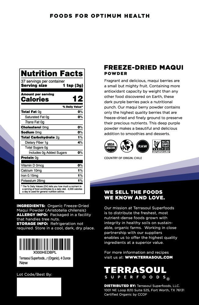 Terrasoul Superfoods maqui powder close-up texture showing fine seed-free powder for smooth blending
